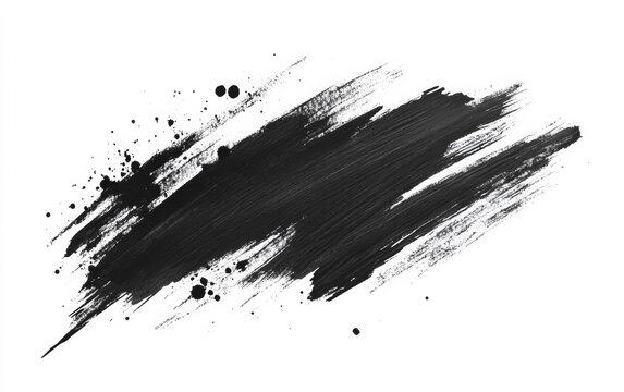 Black ink brush stroke with splashes against a white backdrop - abstract art, design tools, creative resources
