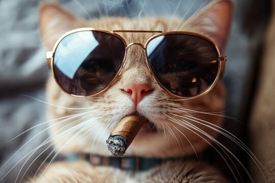 cat with sunglasses and cigarette cat with sunglasses and cigar Stock Photo