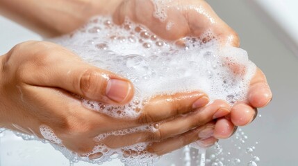 Fototapeta premium Close-up of hands lathered with soap and bubbles, emphasizing cleanliness, hygiene, and the importance of handwashing for health.
