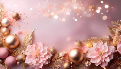 Obraz premium romantic Christmas background in pink, rose and gold with golden glitter particles