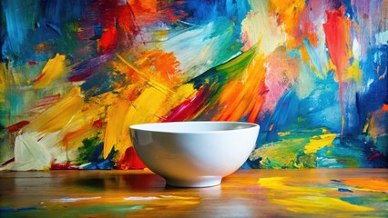 contemporary still life abstract composition empty white bowl bold brushstrokes vibrant colors playful eccentricity modern artistry expressive creativity