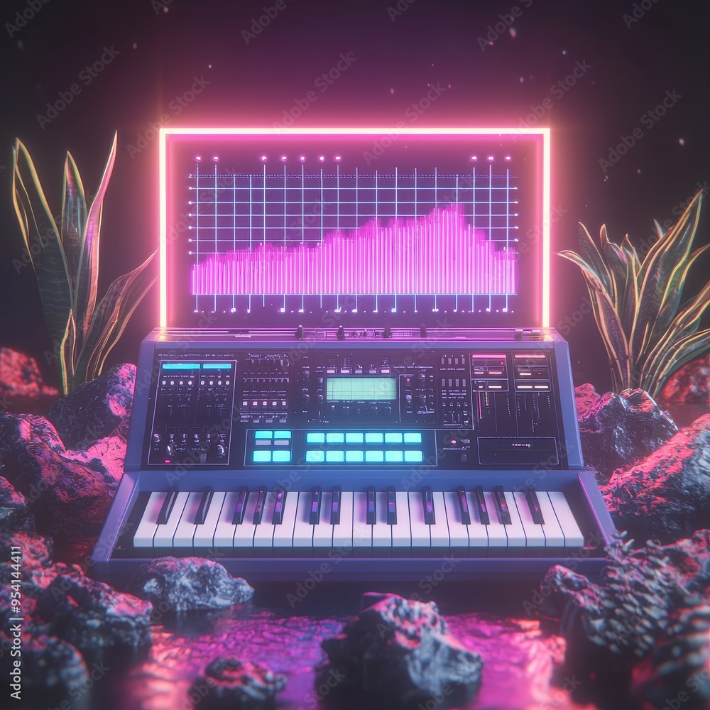 Poster synth keyboard in neon light with audio equalizer display
