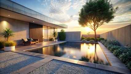 whispering modernist minimalist urban oasis captured in warm golden hour light with subtle shadows emphasizing organic aggregate textures and sleek lines