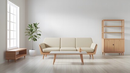 Japandi Interior Design of Modern Living Room, The Room has a beige Sofa, a White Coffee Table, and a few potted Plants