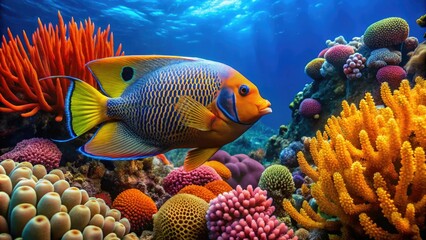 Obraz premium serene coral reef scene majestic angelfish swimming solitary vibrant orange coral peaceful atmosphere warm colors natural light technical simplicity low complexity