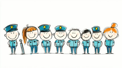 Fototapeta premium Cute, hand-drawn cartoon of a group of smiling police officers in uniform, standing in a row on a white background.
