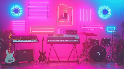 Obraz premium Neon Music Studio with Keyboard Guitar and Drum Set