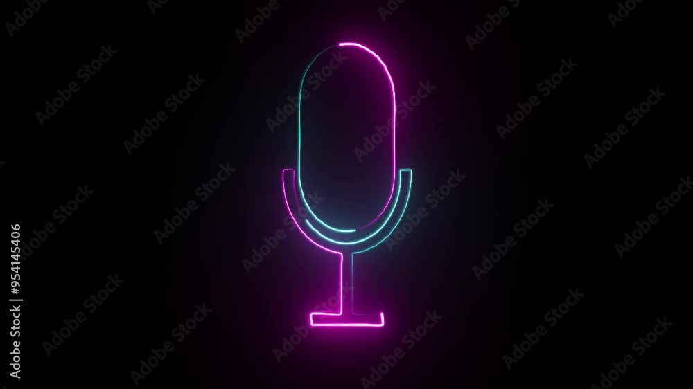 Poster cyan and fuchsia color neon line microphone, voice recording podcast mic microphone button icon . an