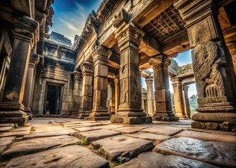 Obraz premium dramatic low-angle blur on worn stone floor beneath an ancient temple's intricate carvings and massive stone pillars