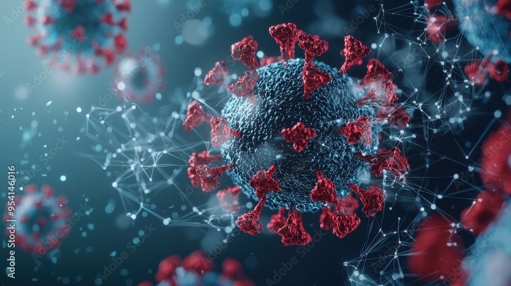 Aufkleber d rendering of coronavirus with spikes and network