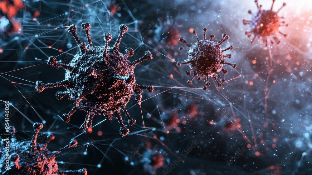 Aufkleber d render of coronavirus with network lines and bokeh