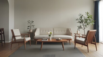 Japandi Interior Design of Modern Living Room, The Room has a beige Sofa, a White Coffee Table, and a few potted Plants