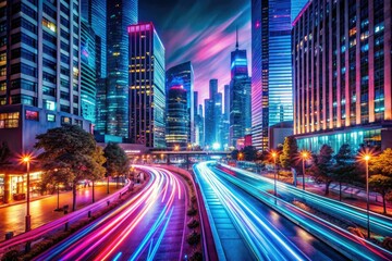 Obraz premium Vibrant neon hues electrify nocturnal cityscapes, blending retro-futuristic ambiance with abstract motion blur and clever composition, inviting the viewer to step into the urban jungle.