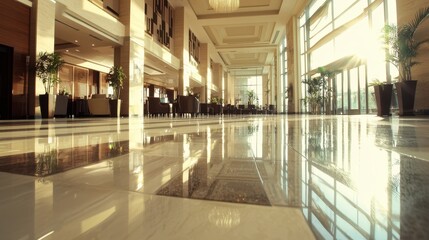 Obraz premium Modern Hotel Lobby Interior with Sun Shining Through Windows