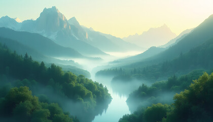 Obraz premium In the foreground, a forest with looming mountains bathes in a soft, golden light But this is no ordinary scene these lush forests are the most stunning 