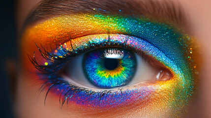 Rainbow Gaze: A close-up of a captivating blue eye adorned with vibrant, shimmering rainbow...