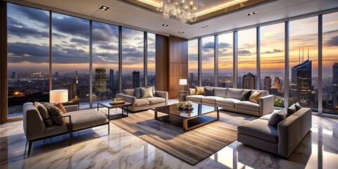 Luxurious modern living room with sleek marble floors, plush sectional sofa, and floor-to-ceiling windows offering