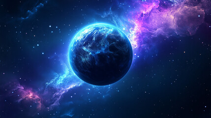 Obraz premium A blue planet in a field of swirling nebulae and stars.