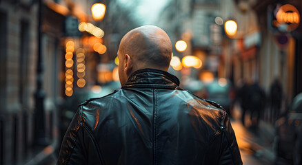 Obraz premium A bald man in a leather jacket stands with his back to the frame, against a blurred street. The concept of a gangster, criminal.