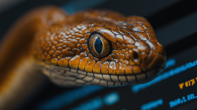 A close-up of a snake's eye with a blurred background of code.