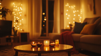 Happy Diwali, Diwali Night in a Cozy Living Room, Soft Lighting and Warm Ambiance, Diyas and candles on the table, Indian Festival