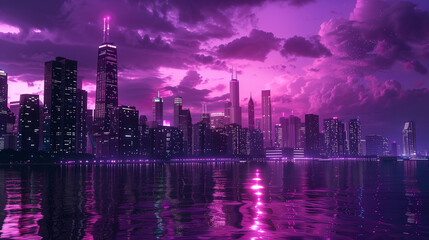 Obraz premium Vibrant Neon Cityscape at Night with Reflections on Water - Futuristic Urban Skyline
