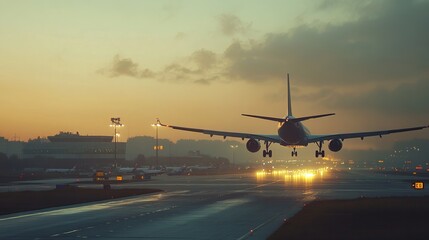 Plane landing at the airport on a beautiful calm morning and beautiful scenery