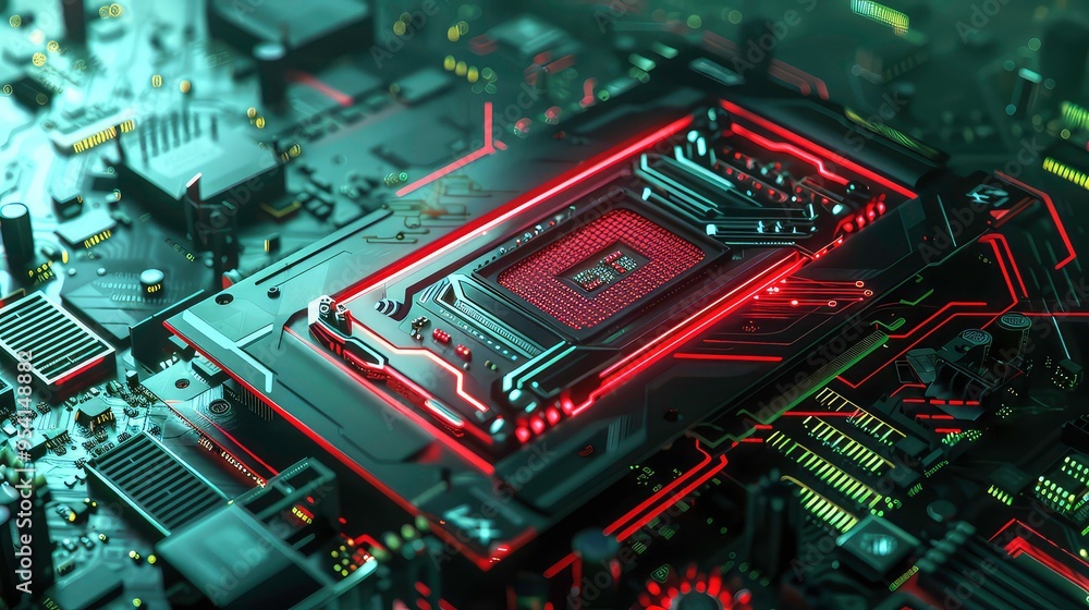 Aufkleber close up of a computer motherboard with glowing red lights around the processor.