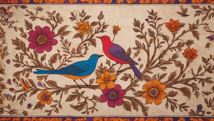 Obraz premium art, background, texture, design, bright, indian, illustration, decoration, nature, flower, exotic, tropical, beauty, abstract, pattern, elegant, vintage, floral, beautiful, summer, spring, bird, tree