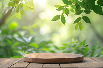 Wooden product display podium with blurred nature leaves background