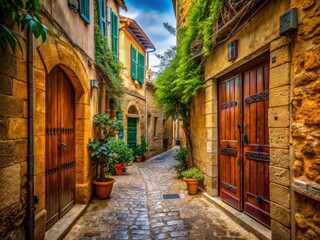 Fototapeta premium nicosia old town alleys cyprus mysterious atmosphere intimate moments rustic doors charming architecture warm light cozy atmosphere forgotten secrets