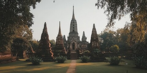 Naklejka premium Ancient Temple Ruins in Thailand with Pagoda and Stone Statues