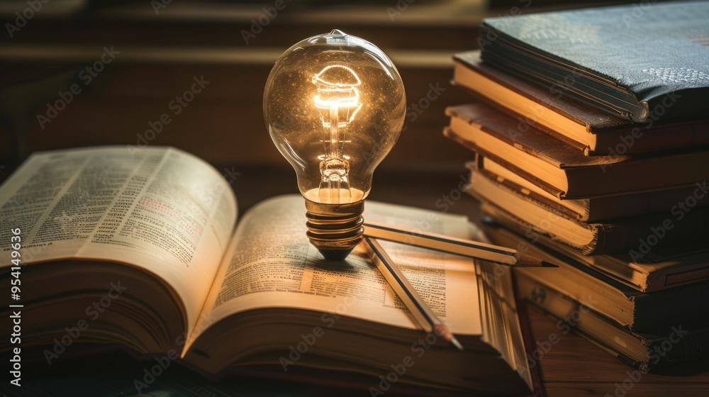 Poster illuminating knowledge: a lightbulb on an open book