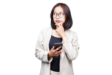 Asian Businesswoman thinking isolated transparent