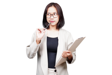 Asian Businesswoman thinking isolated transparent