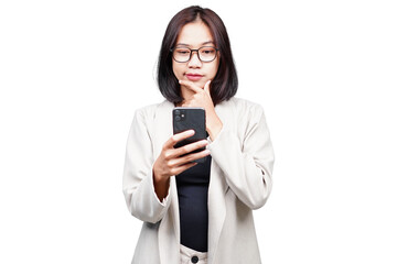 Fototapeta premium Asian Businesswoman thinking isolated transparent