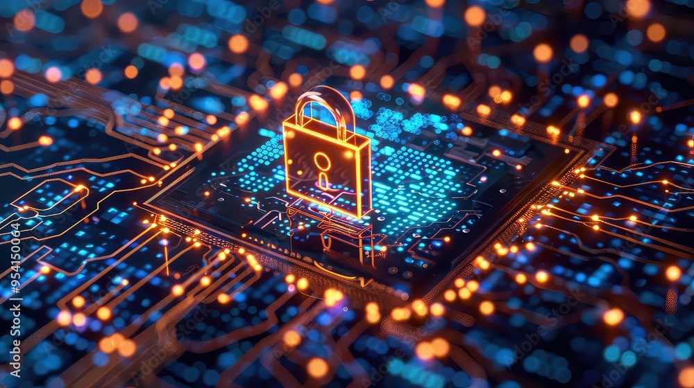 Aufkleber a glowing padlock stands on a circuit board with glowing lines and dots, a conceptual image of cyber