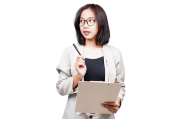 Asian Businesswoman thinking isolated transparent