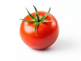 A fresh, red tomato with green stem isolated on a white background. Perfect for culinary and health-related stock photos.