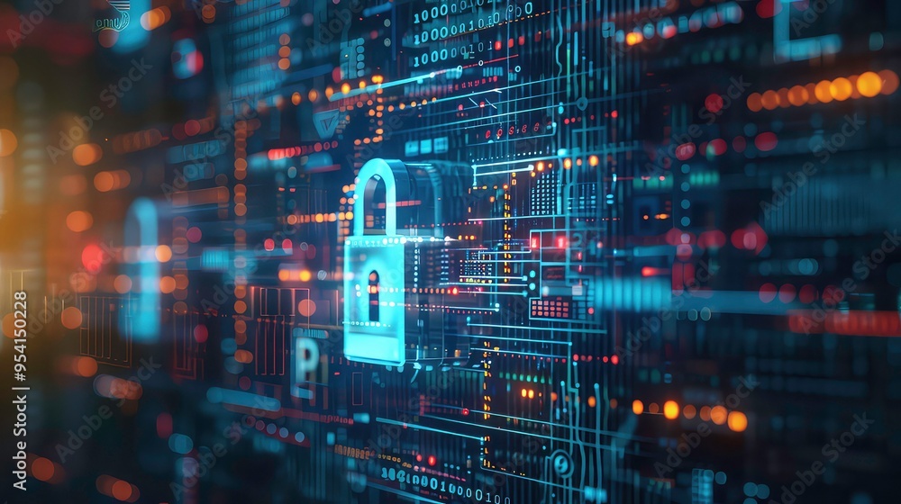 Poster a digital padlock hovers over a complex network of lines and nodes, representing data security in th