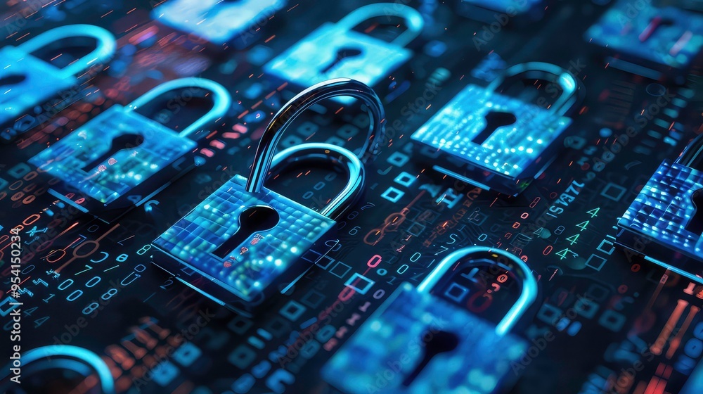 Poster a close-up of a padlock on a computer circuit board, symbolizing data protection and security.
