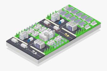 Solar panels and electricity grid isometric