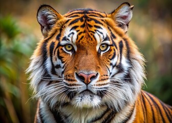 Obraz premium Majestic Bengal tiger's expressive face, with bright orange and black stripes, showcases intense gaze, whiskers, and