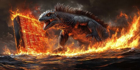 Majestic Fire Dragon Conquering Viking Ship, Spectacular Fiery Ocean Battle Scene in Fantasy Art, Intense Flames and Creature Detail