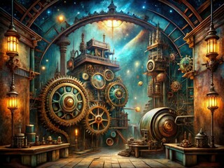 fantastical steampunk fusion industrial textures mystical gears shimmering walls ancient machines sci-fi tales intricate details mystical inventions industrial decay