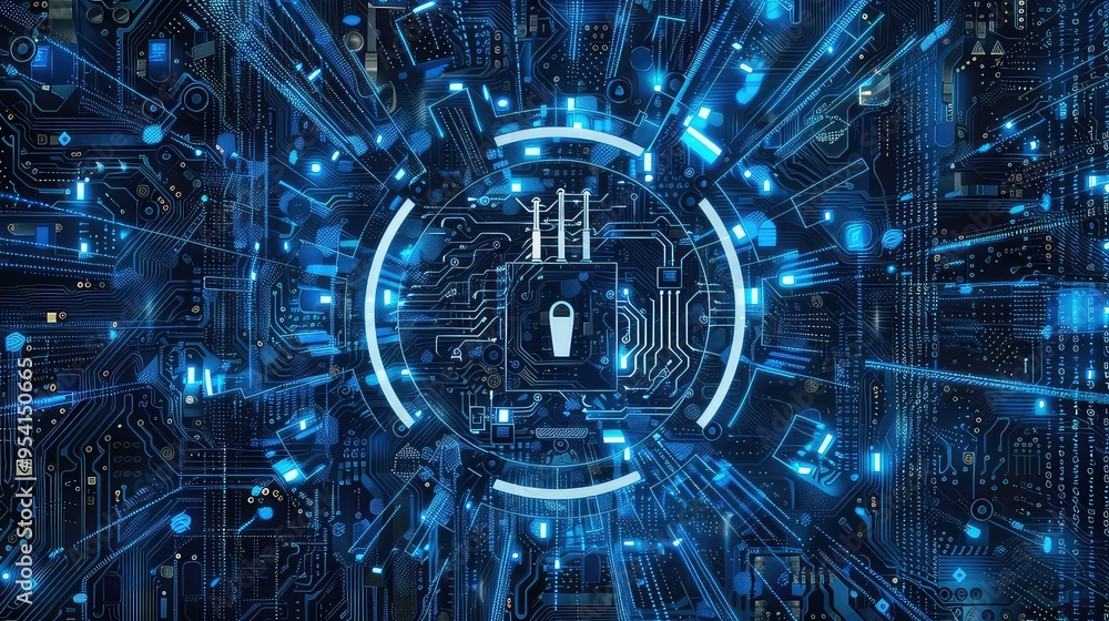 Poster abstract glowing digital circuit board with a padlock in the center.