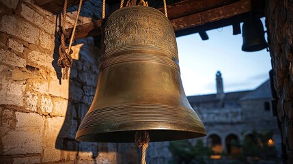 Obraz premium All Saints Day Church Bells A large bronze church bell hanging in a stone bell tower, with ropes attached, illuminated by the soft glow of the setting sun, ancient and resonant
