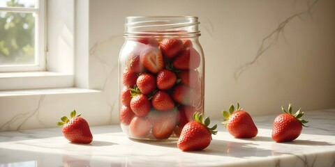 A mason jar tightly packed with strawberries, placed on a white marble countertop, with natural light streaming in from the side, creating soft shadows and reflections. 