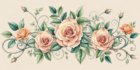 Delicate vector rose vines intertwine with romantic cursive tattoos on feminine skin in vintage-inspired aesthetic with muted pastel colors and subtle texture