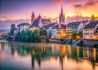 Obraz premium Foggy morning urban landscape of Basel's Altstadt with colorful buildings, Rhine River, Suspension Bridge, soft warm light, intimate atmosphere, vibrant colors.